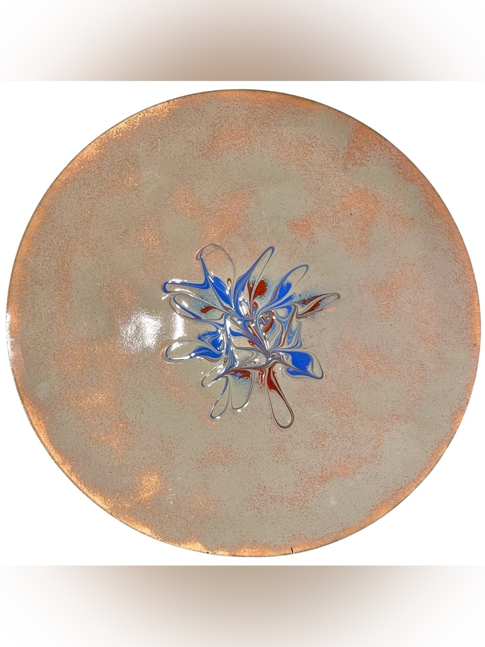 Vintage 1960s Nora Grill Enamel Copper 8.75" Plate - Salmon Burgundy Blue White